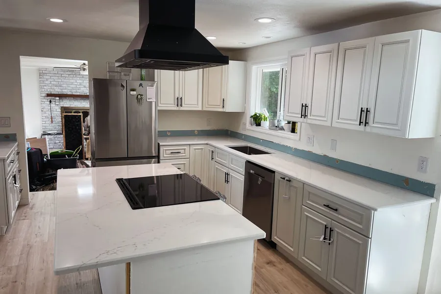 Stone countertop around a kitchen sink area