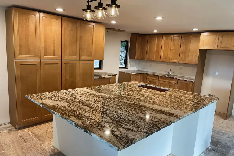 Granite island with heavy natural movement