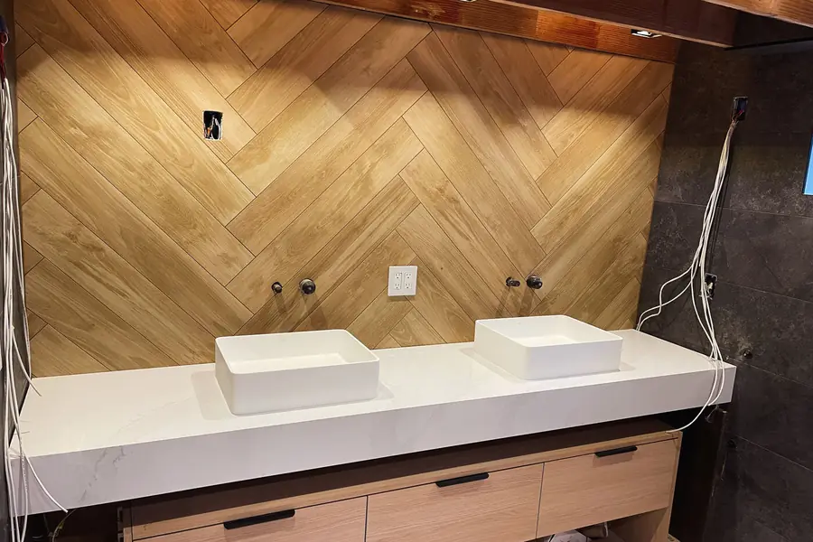 Long double-basin stone vanity top